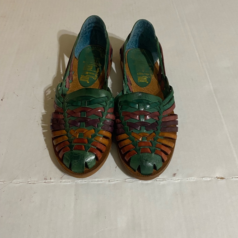 Green and Brown Huarache Sandals with Woven Leather Design
